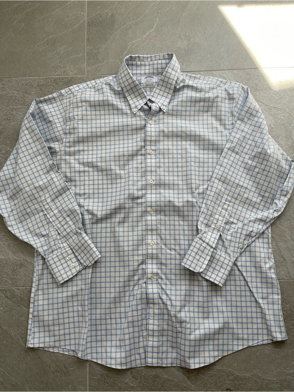 Brooks Brothers White and Light Blue Checked Button-Down Dress Shirt
